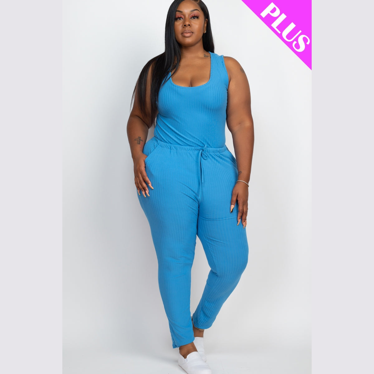 Plus Size Ribbed Sleeveless Drawstring Waist Jumpsuit