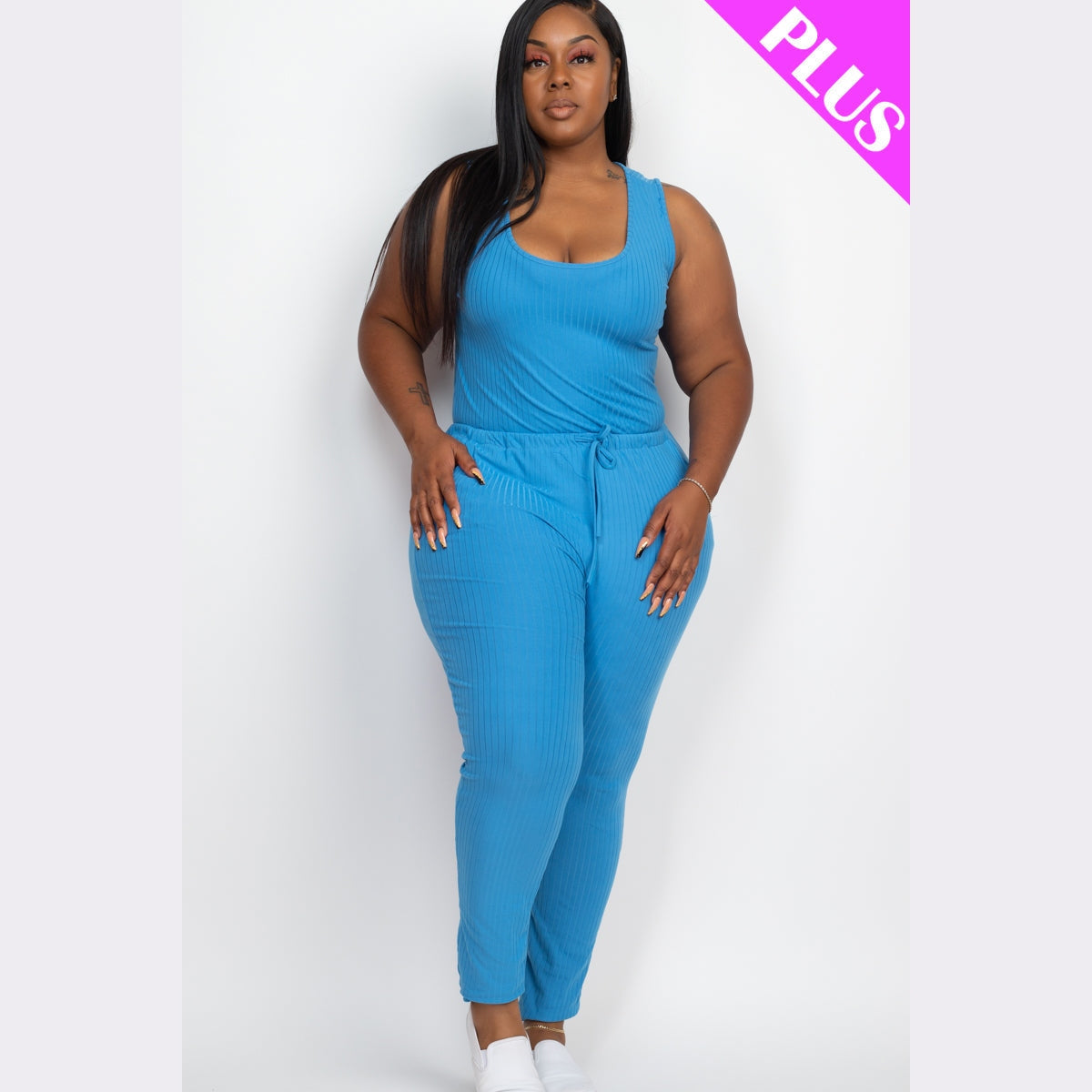 Plus Size Ribbed Sleeveless Drawstring Waist Jumpsuit