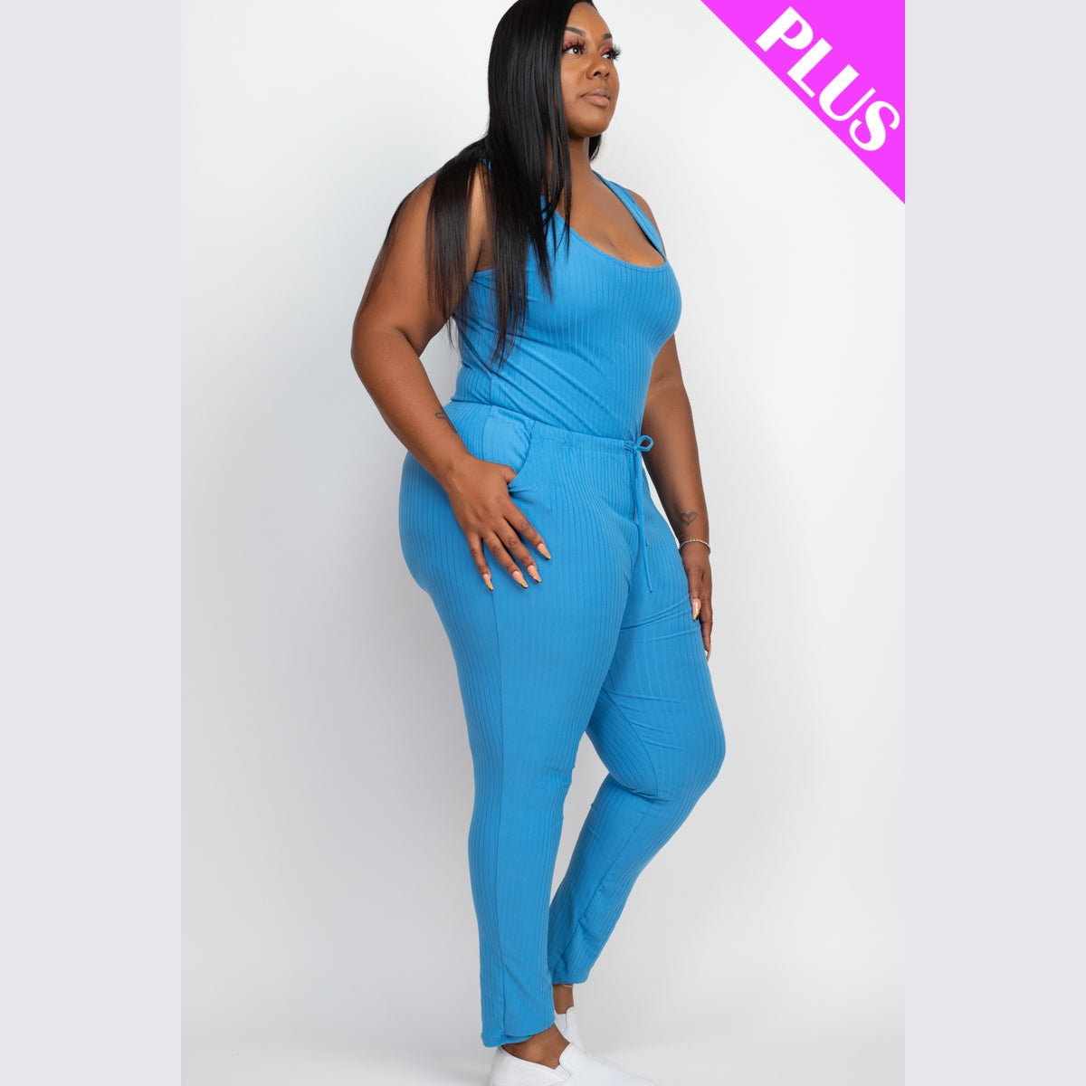 Plus Size Ribbed Sleeveless Drawstring Waist Jumpsuit