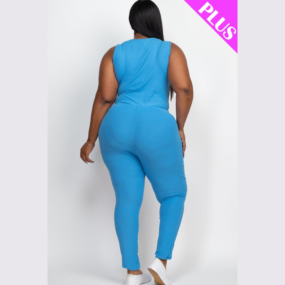 Plus Size Ribbed Sleeveless Drawstring Waist Jumpsuit