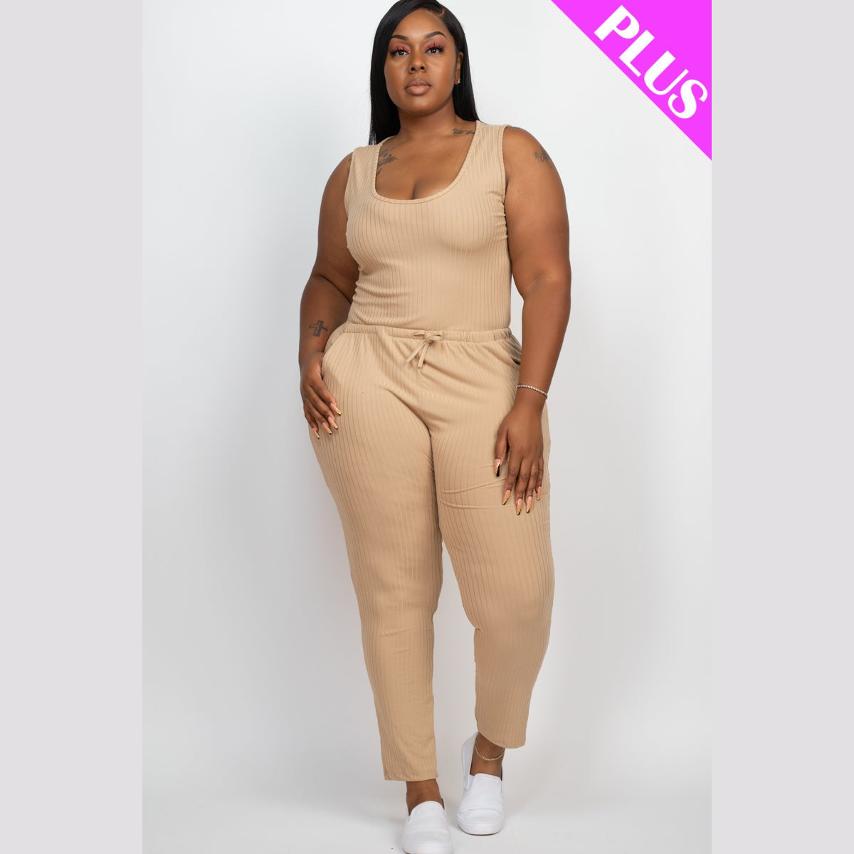Plus Size Ribbed Sleeveless Drawstring Waist Jumpsuit