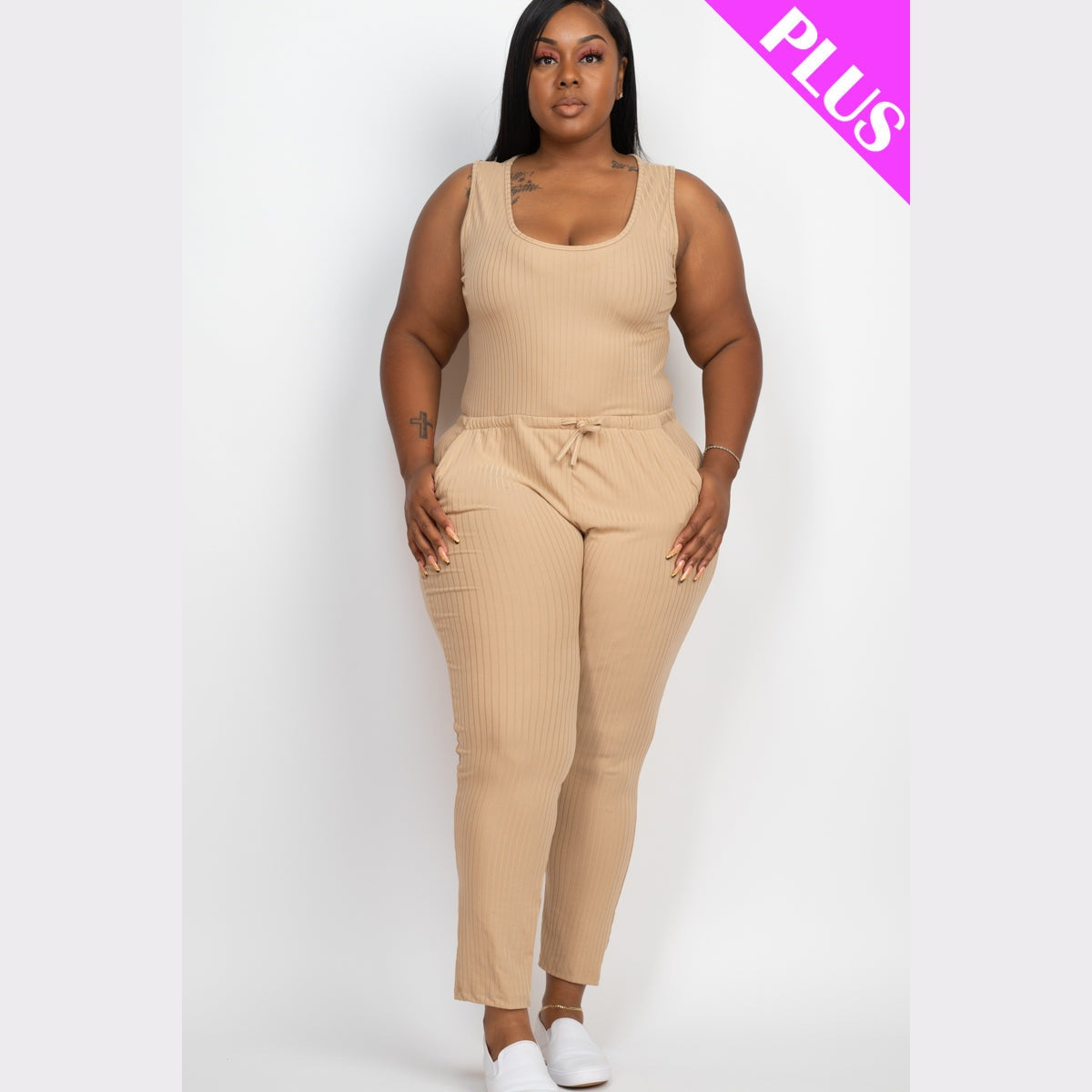 Plus Size Ribbed Sleeveless Drawstring Waist Jumpsuit
