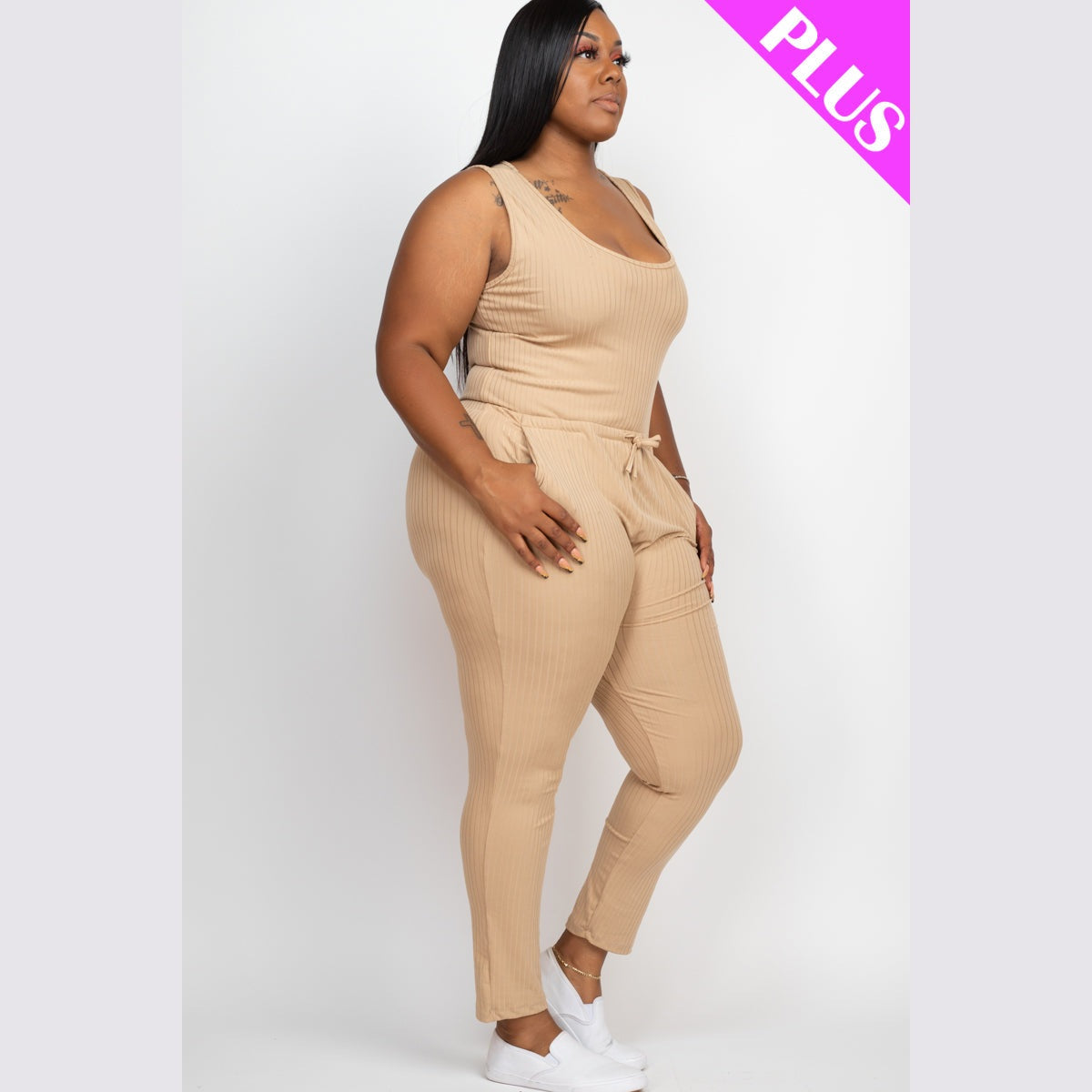 Plus Size Ribbed Sleeveless Drawstring Waist Jumpsuit