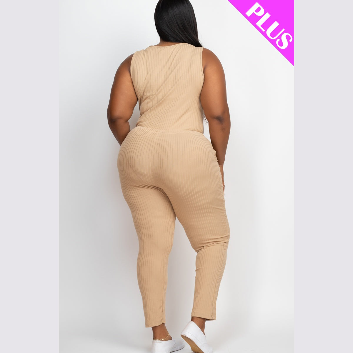 Plus Size Ribbed Sleeveless Drawstring Waist Jumpsuit