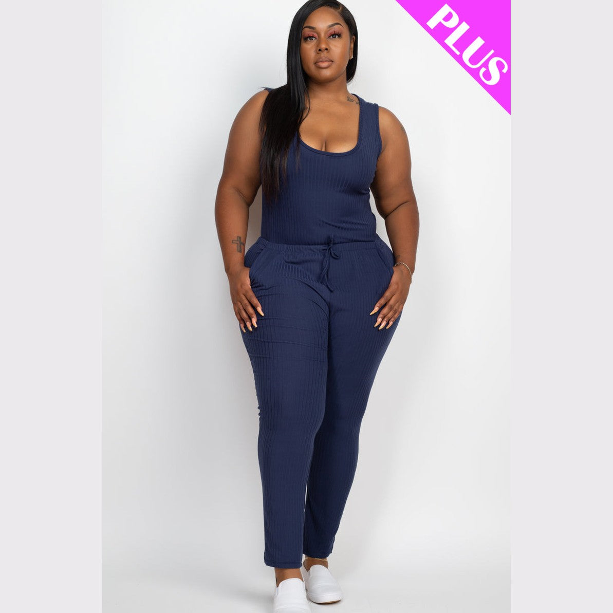 Plus Size Ribbed Sleeveless Drawstring Waist Jumpsuit
