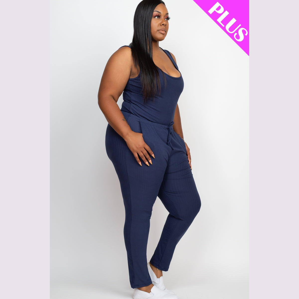 Plus Size Ribbed Sleeveless Drawstring Waist Jumpsuit