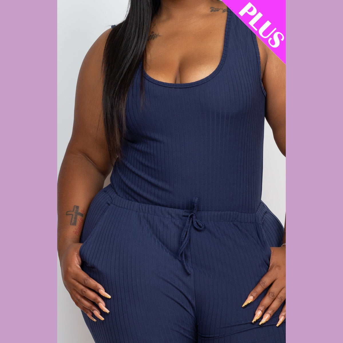 Plus Size Ribbed Sleeveless Drawstring Waist Jumpsuit