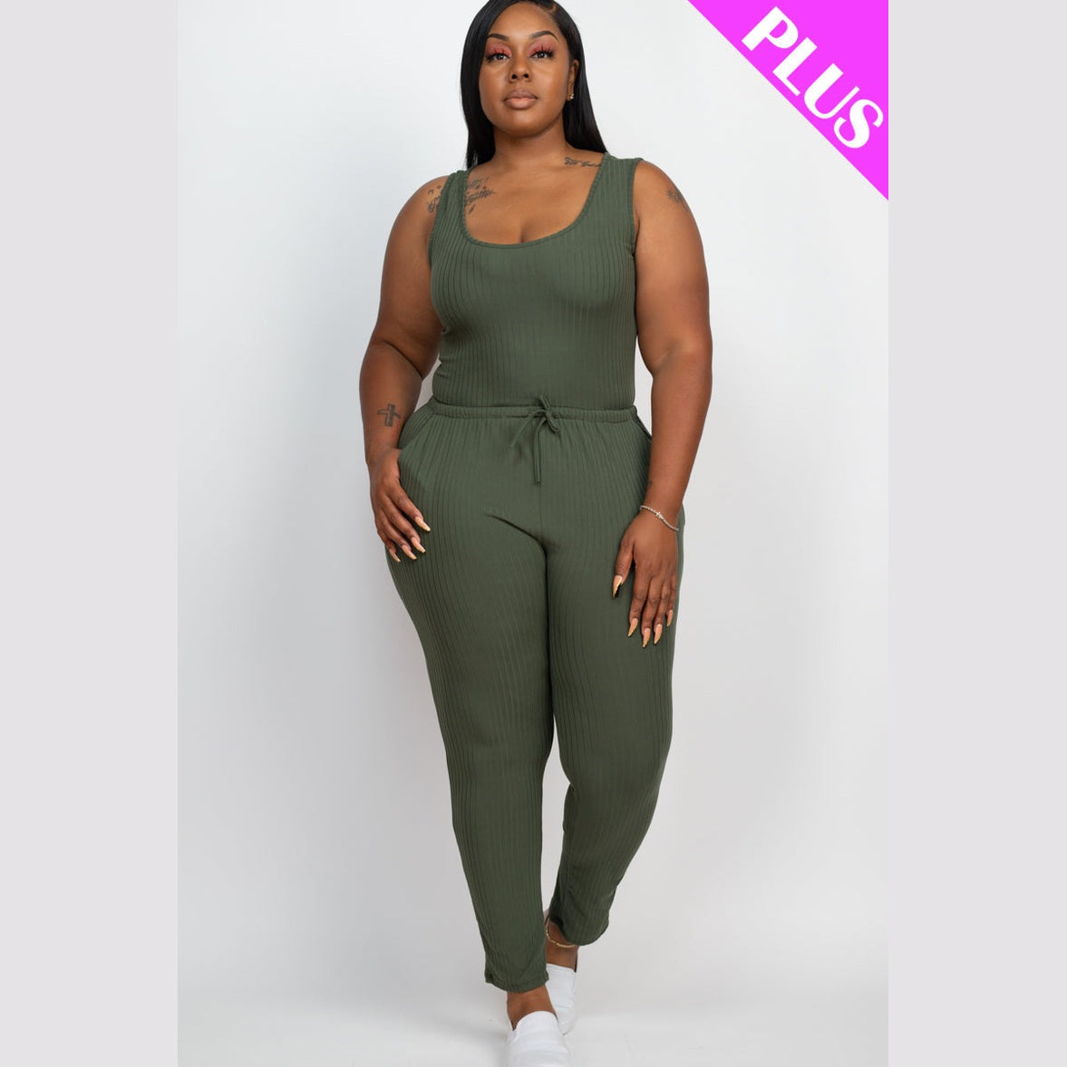 Plus Size Ribbed Sleeveless Drawstring Waist Jumpsuit