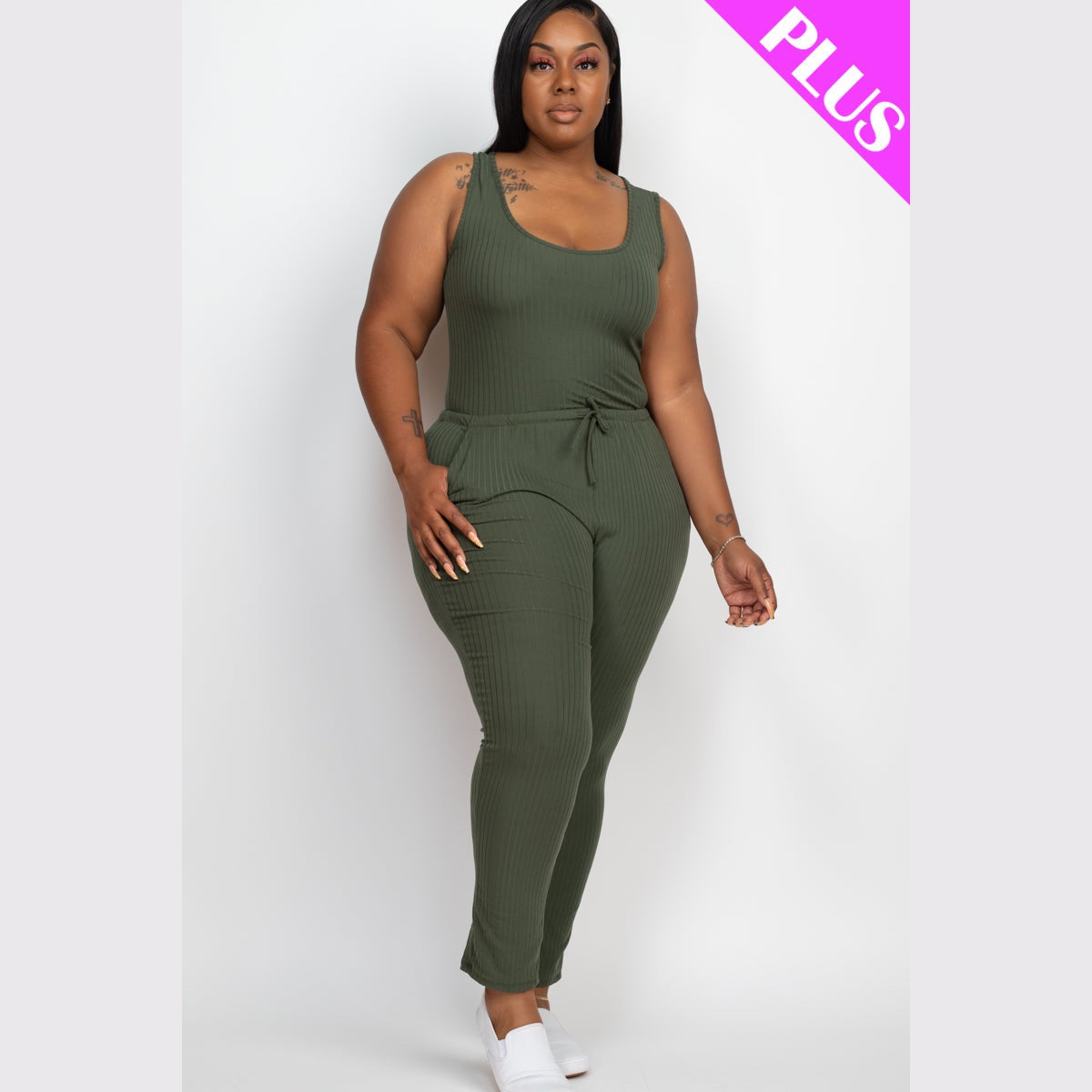 Plus Size Ribbed Sleeveless Drawstring Waist Jumpsuit