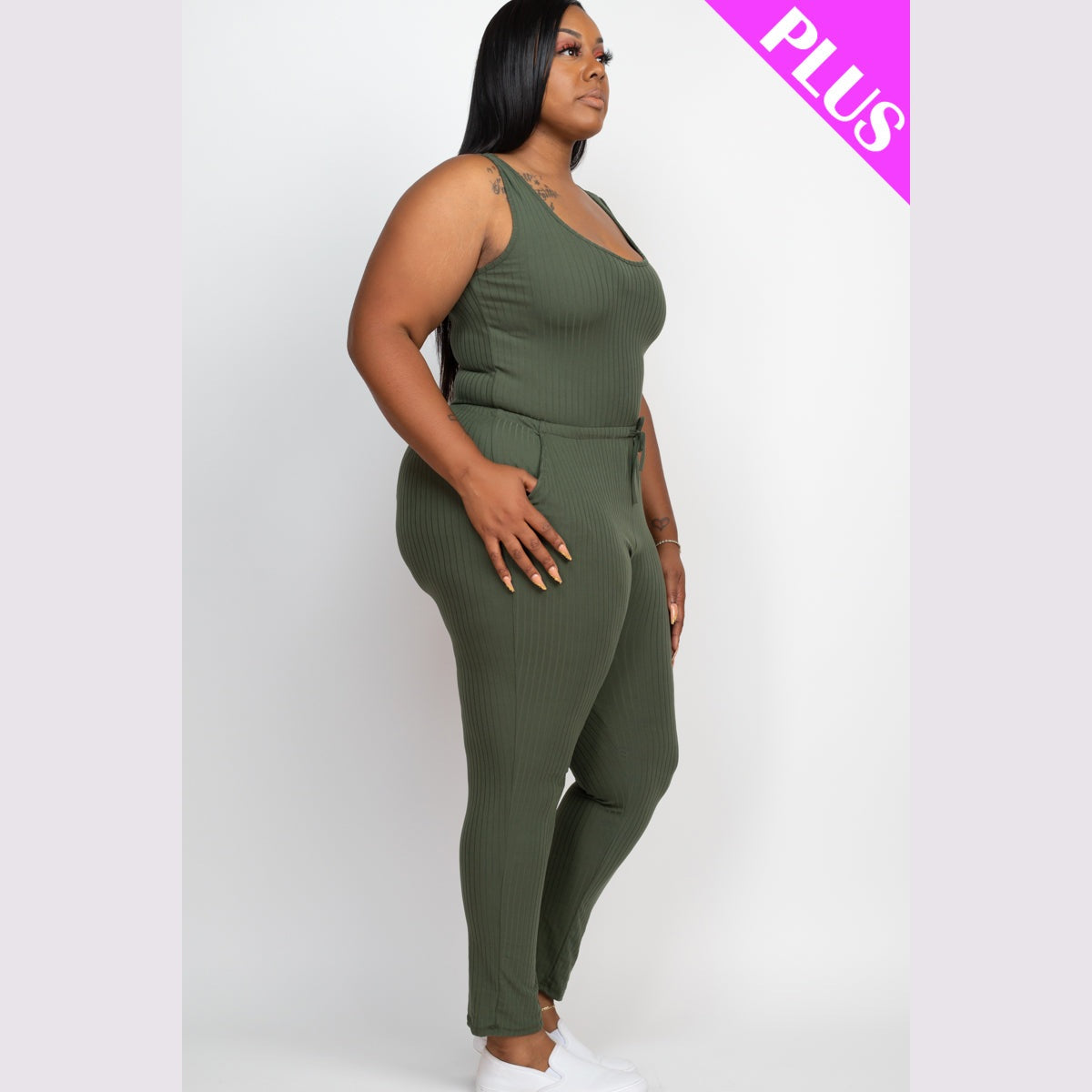 Plus Size Ribbed Sleeveless Drawstring Waist Jumpsuit