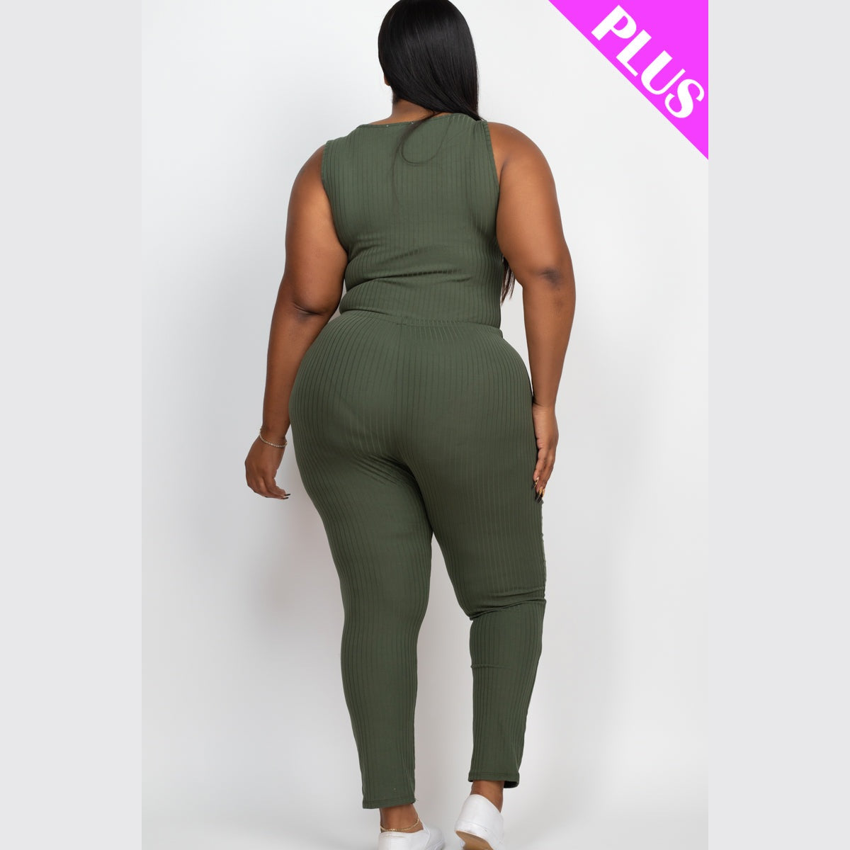 Plus Size Ribbed Sleeveless Drawstring Waist Jumpsuit