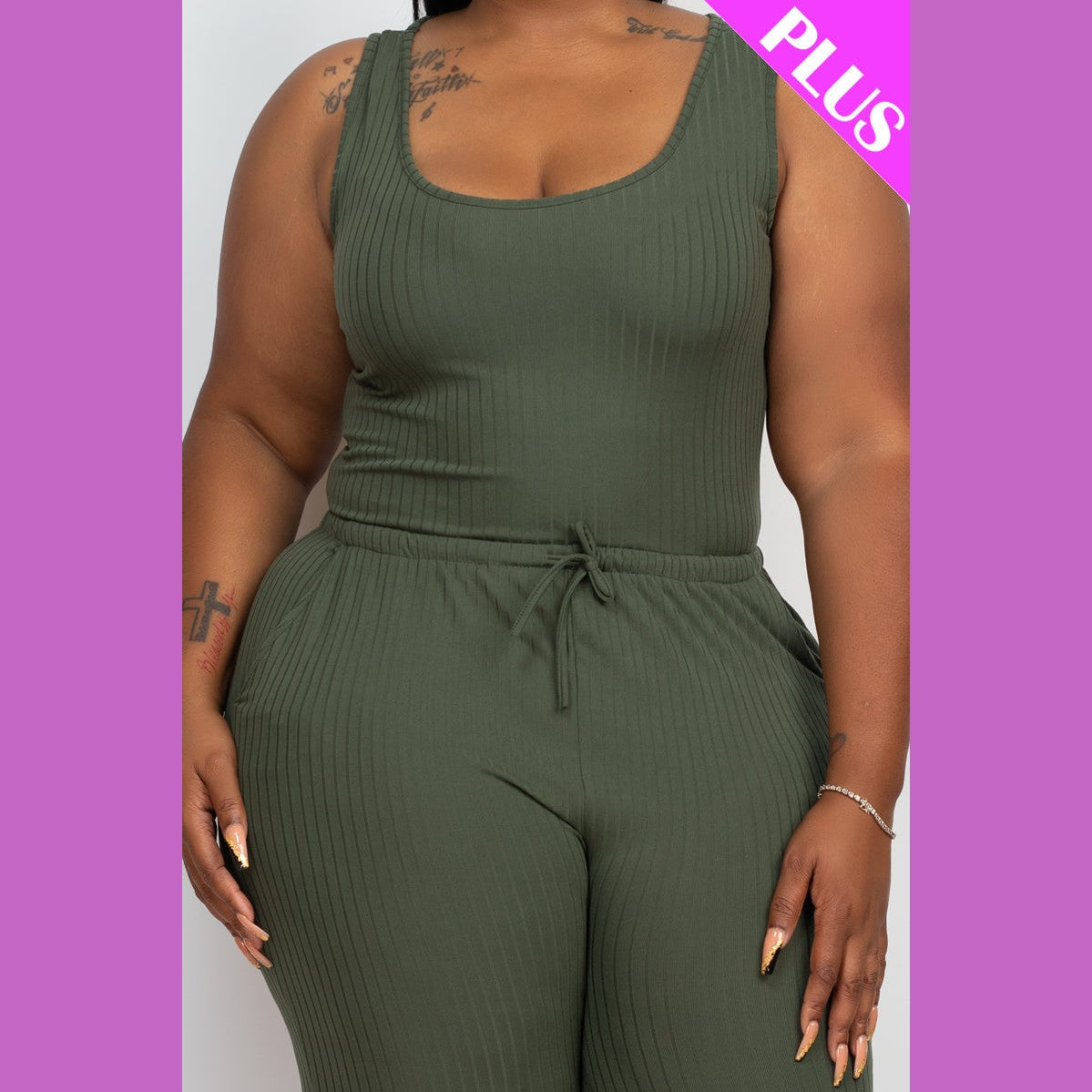 Plus Size Ribbed Sleeveless Drawstring Waist Jumpsuit