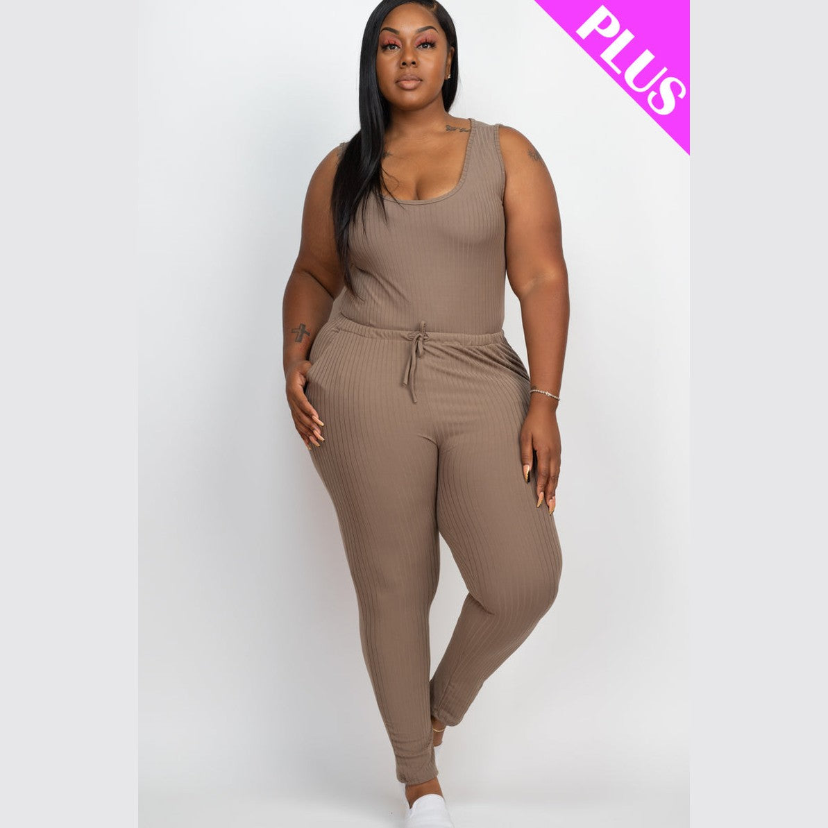 Plus Size Ribbed Sleeveless Drawstring Waist Jumpsuit