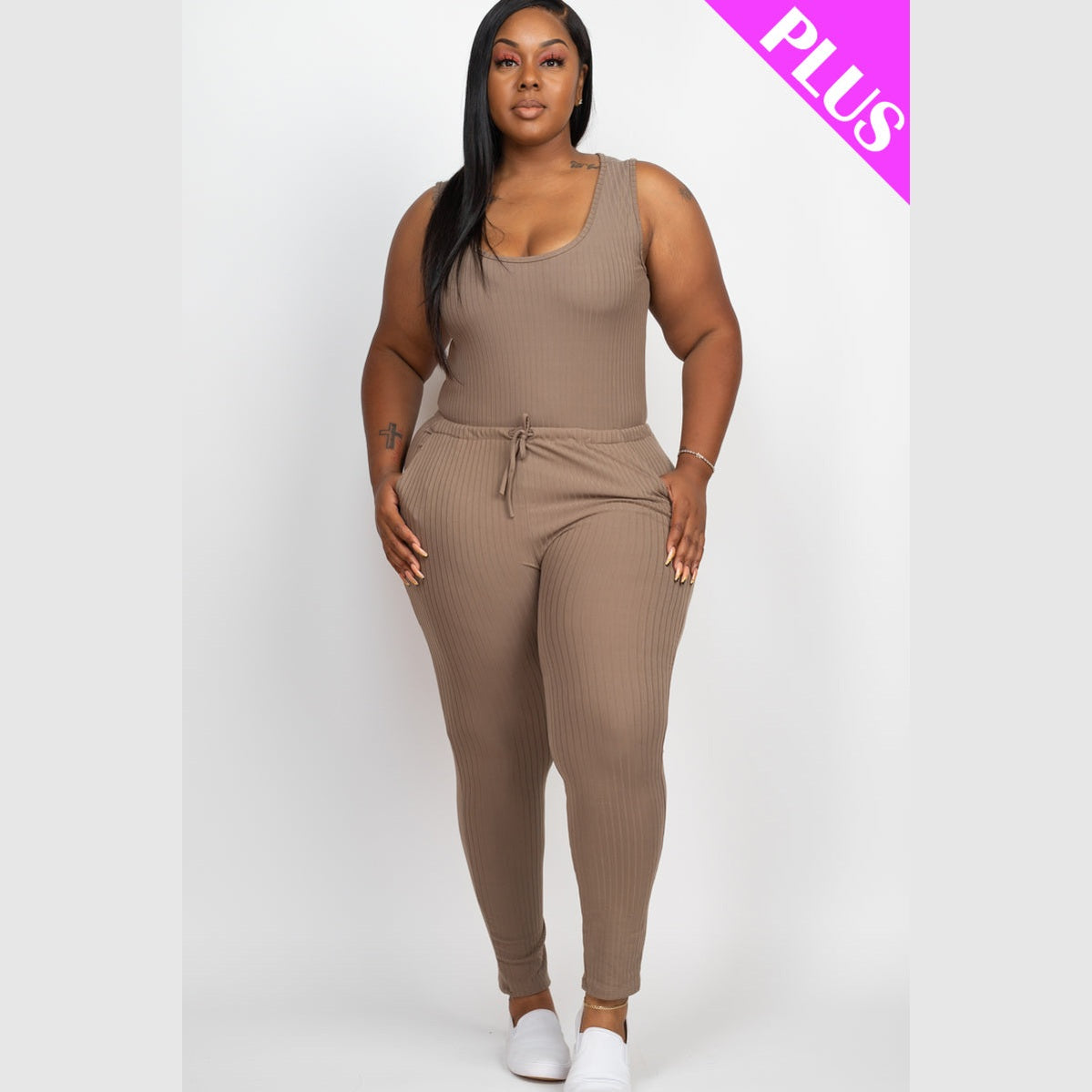 Plus Size Ribbed Sleeveless Drawstring Waist Jumpsuit