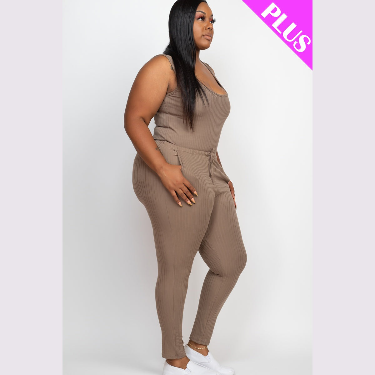 Plus Size Ribbed Sleeveless Drawstring Waist Jumpsuit