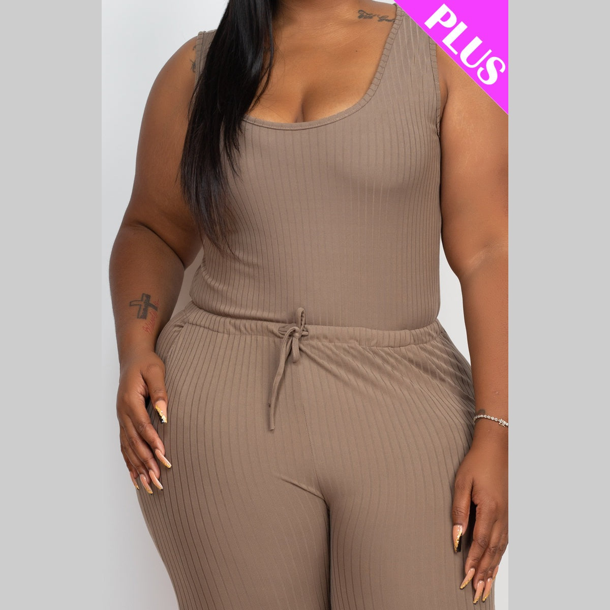 Plus Size Ribbed Sleeveless Drawstring Waist Jumpsuit