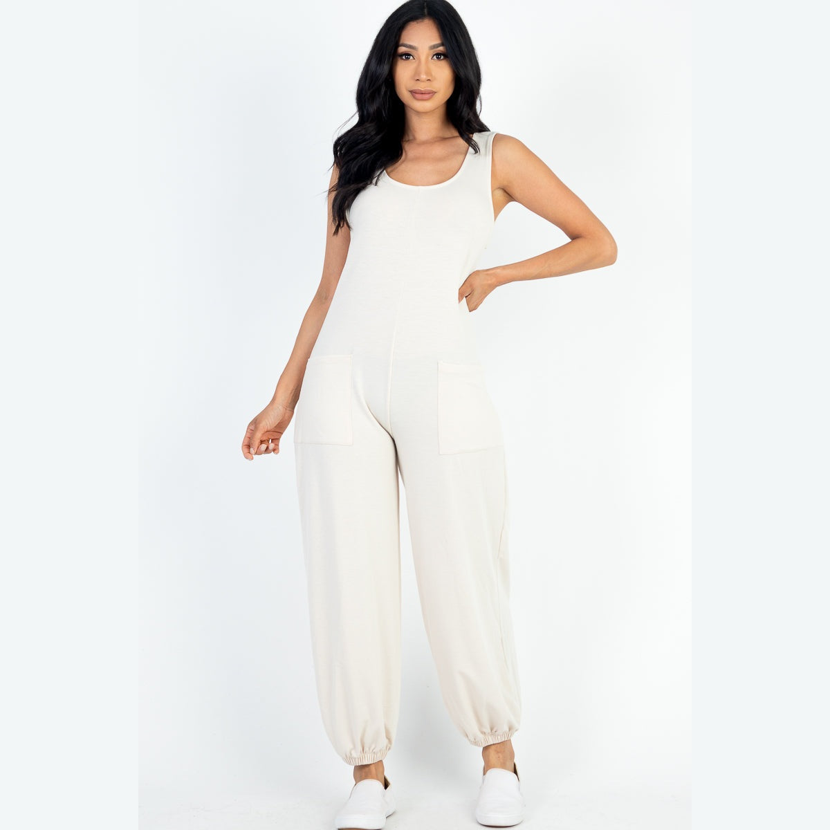 Casual Solid French Terry Sleeveless Scoop Neck Front Pocket Jumpsuit