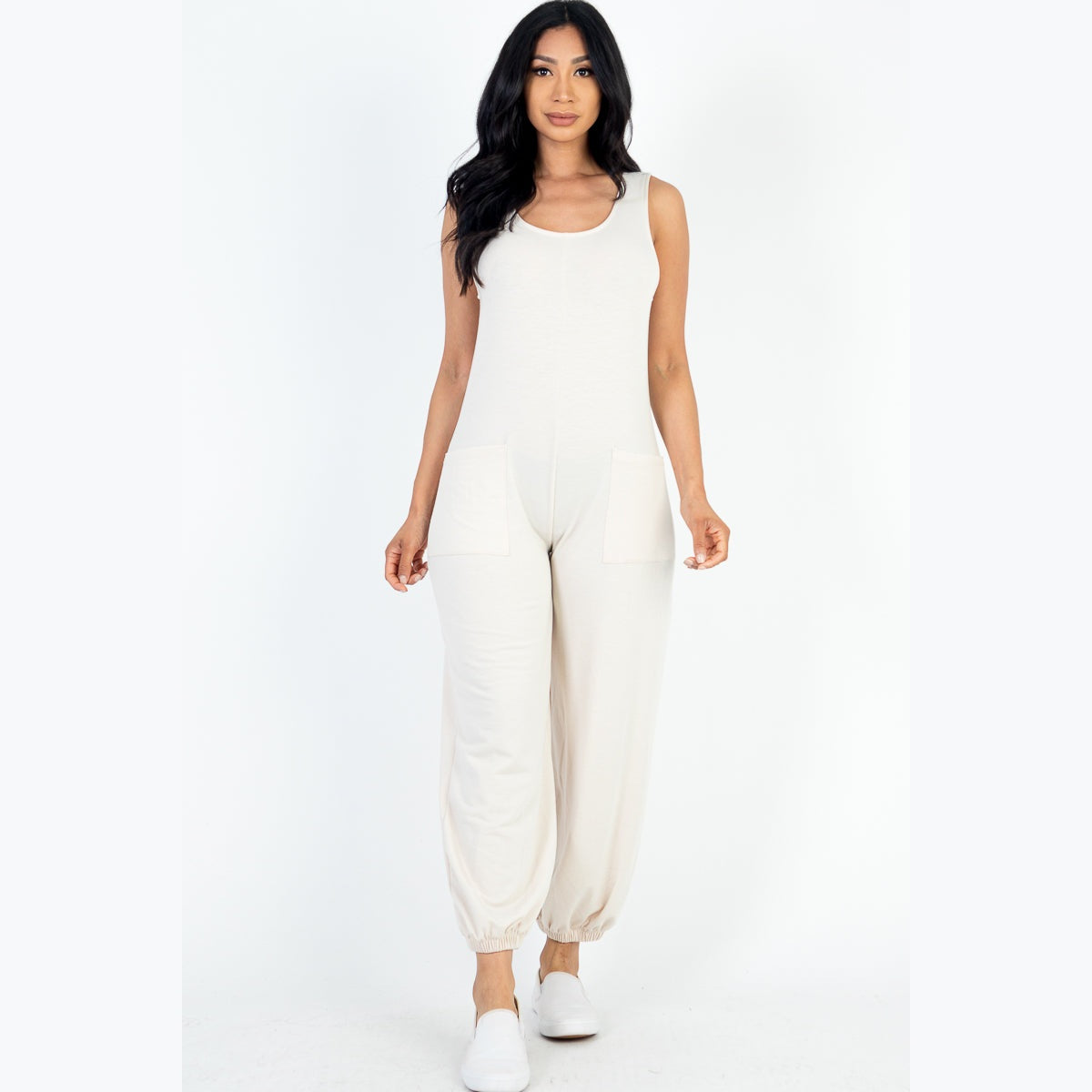 Casual Solid French Terry Sleeveless Scoop Neck Front Pocket Jumpsuit