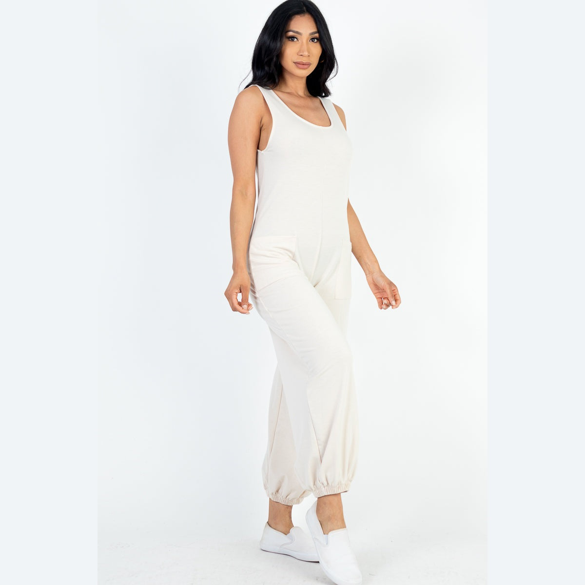 Casual Solid French Terry Sleeveless Scoop Neck Front Pocket Jumpsuit