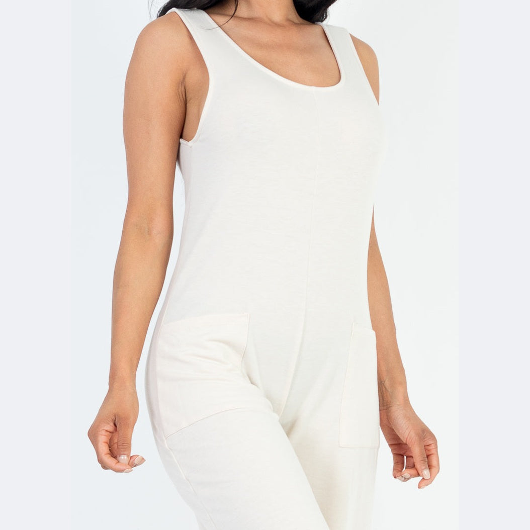 Casual Solid French Terry Sleeveless Scoop Neck Front Pocket Jumpsuit