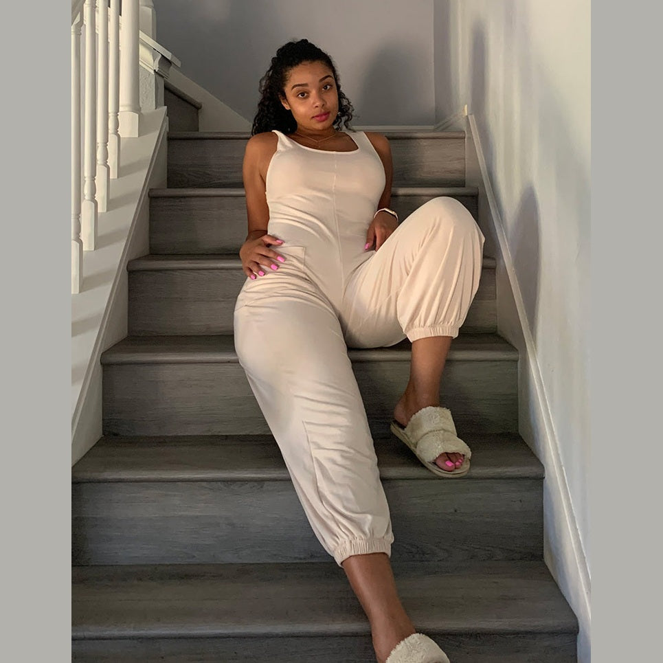 Casual Solid French Terry Sleeveless Scoop Neck Front Pocket Jumpsuit