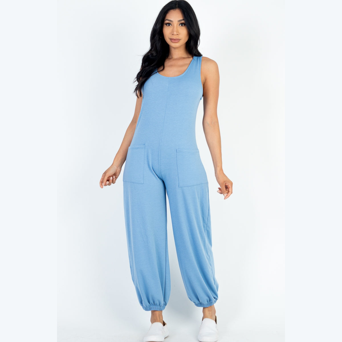 Casual Solid French Terry Sleeveless Scoop Neck Front Pocket Jumpsuit