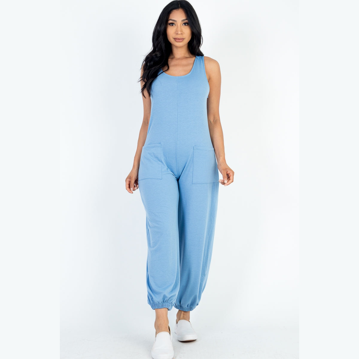 Casual Solid French Terry Sleeveless Scoop Neck Front Pocket Jumpsuit