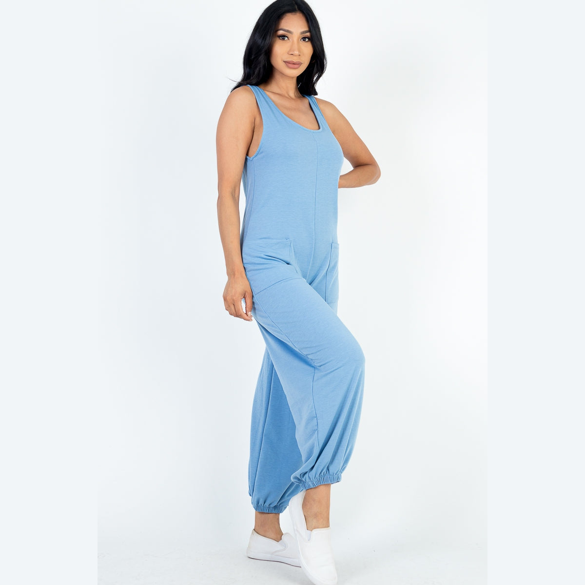 Casual Solid French Terry Sleeveless Scoop Neck Front Pocket Jumpsuit