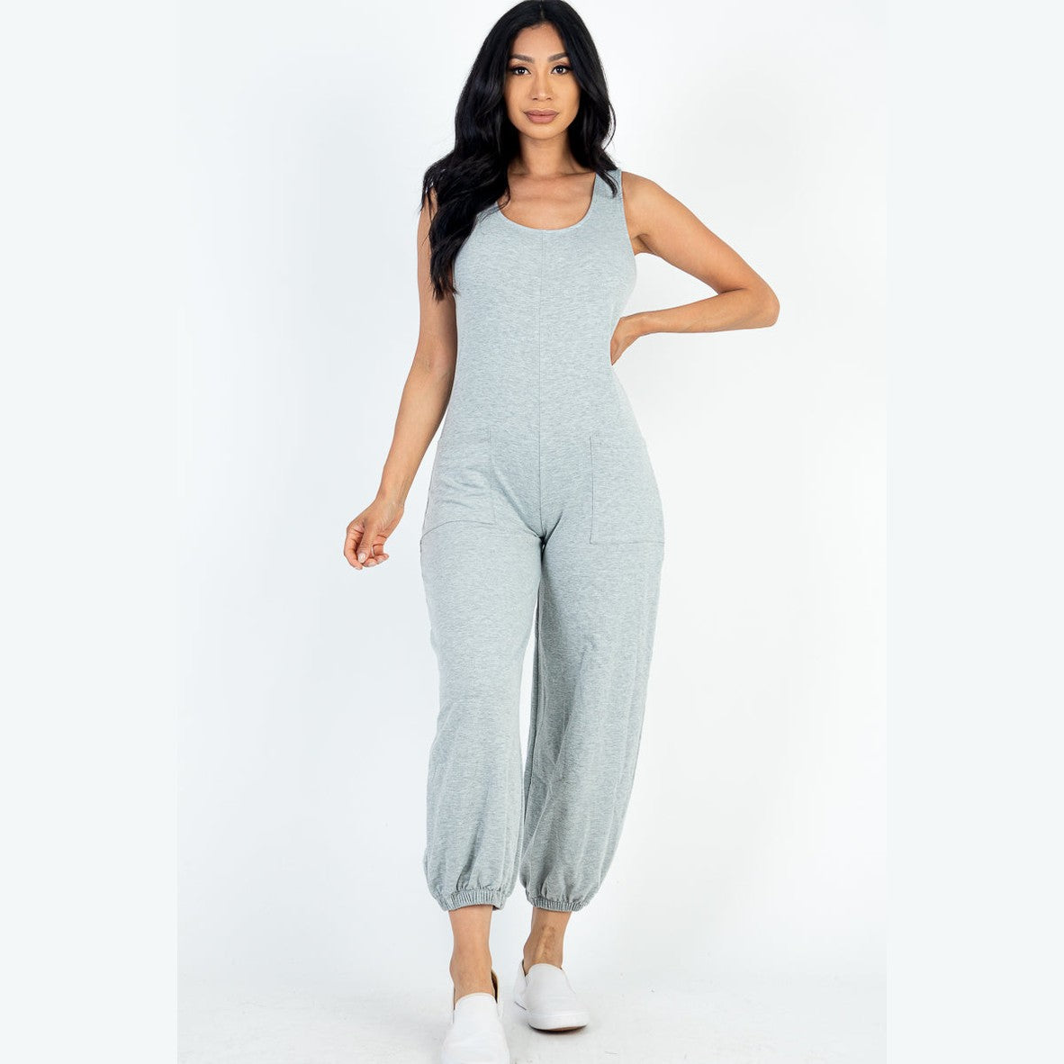 Casual Solid French Terry Sleeveless Scoop Neck Front Pocket Jumpsuit