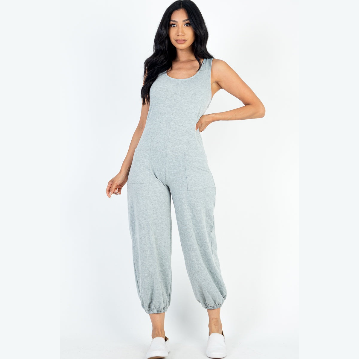 Casual Solid French Terry Sleeveless Scoop Neck Front Pocket Jumpsuit