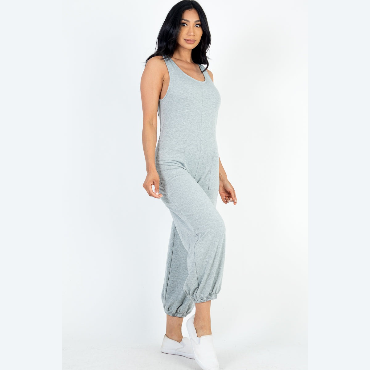 Casual Solid French Terry Sleeveless Scoop Neck Front Pocket Jumpsuit