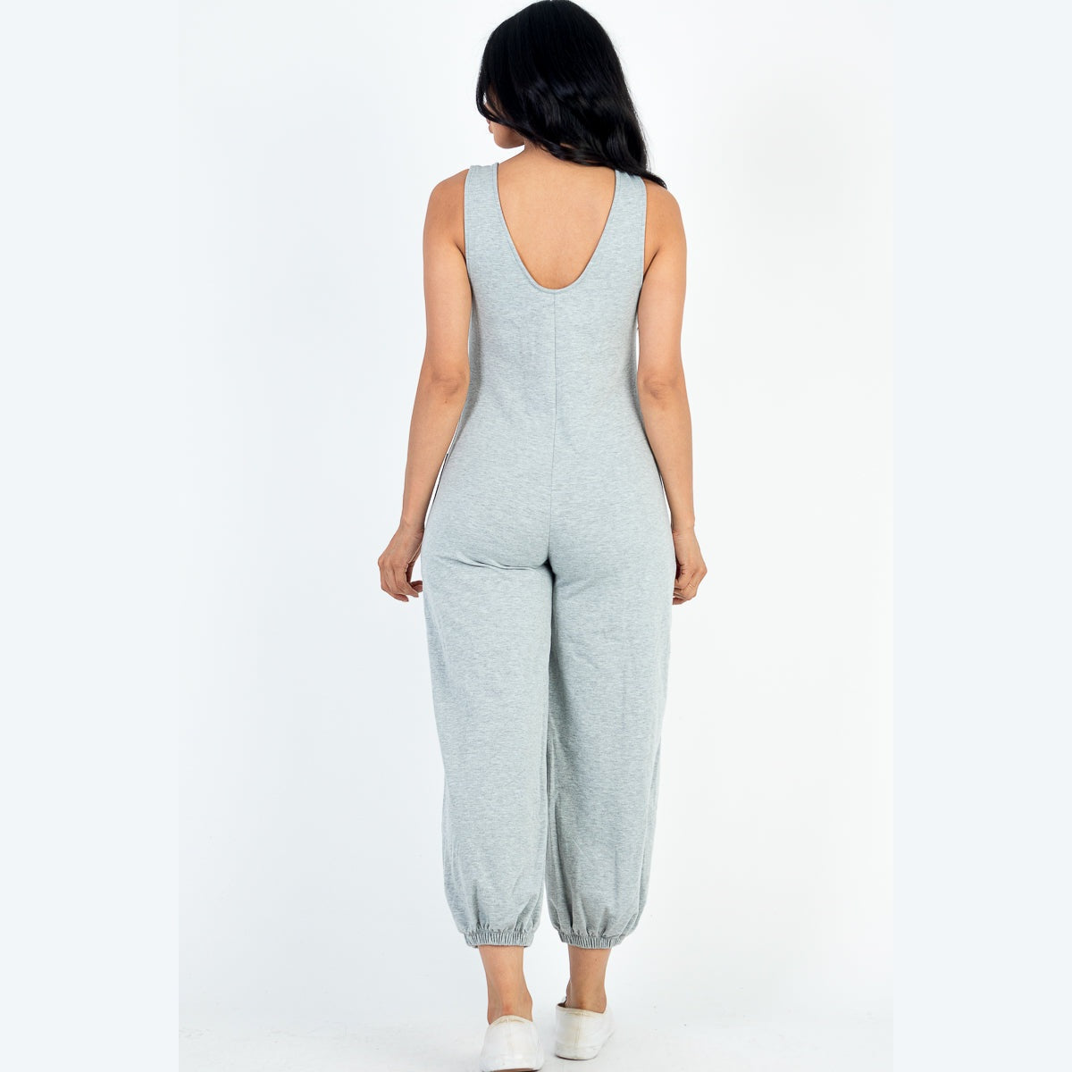 Casual Solid French Terry Sleeveless Scoop Neck Front Pocket Jumpsuit