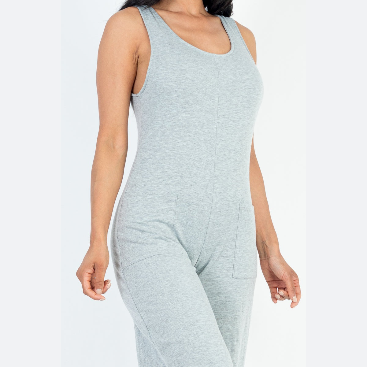 Casual Solid French Terry Sleeveless Scoop Neck Front Pocket Jumpsuit