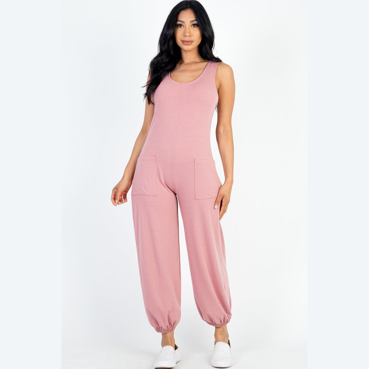 Casual Solid French Terry Sleeveless Scoop Neck Front Pocket Jumpsuit
