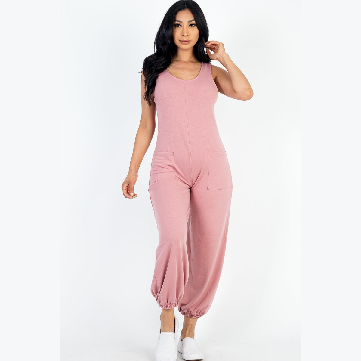 Casual Solid French Terry Sleeveless Scoop Neck Front Pocket Jumpsuit