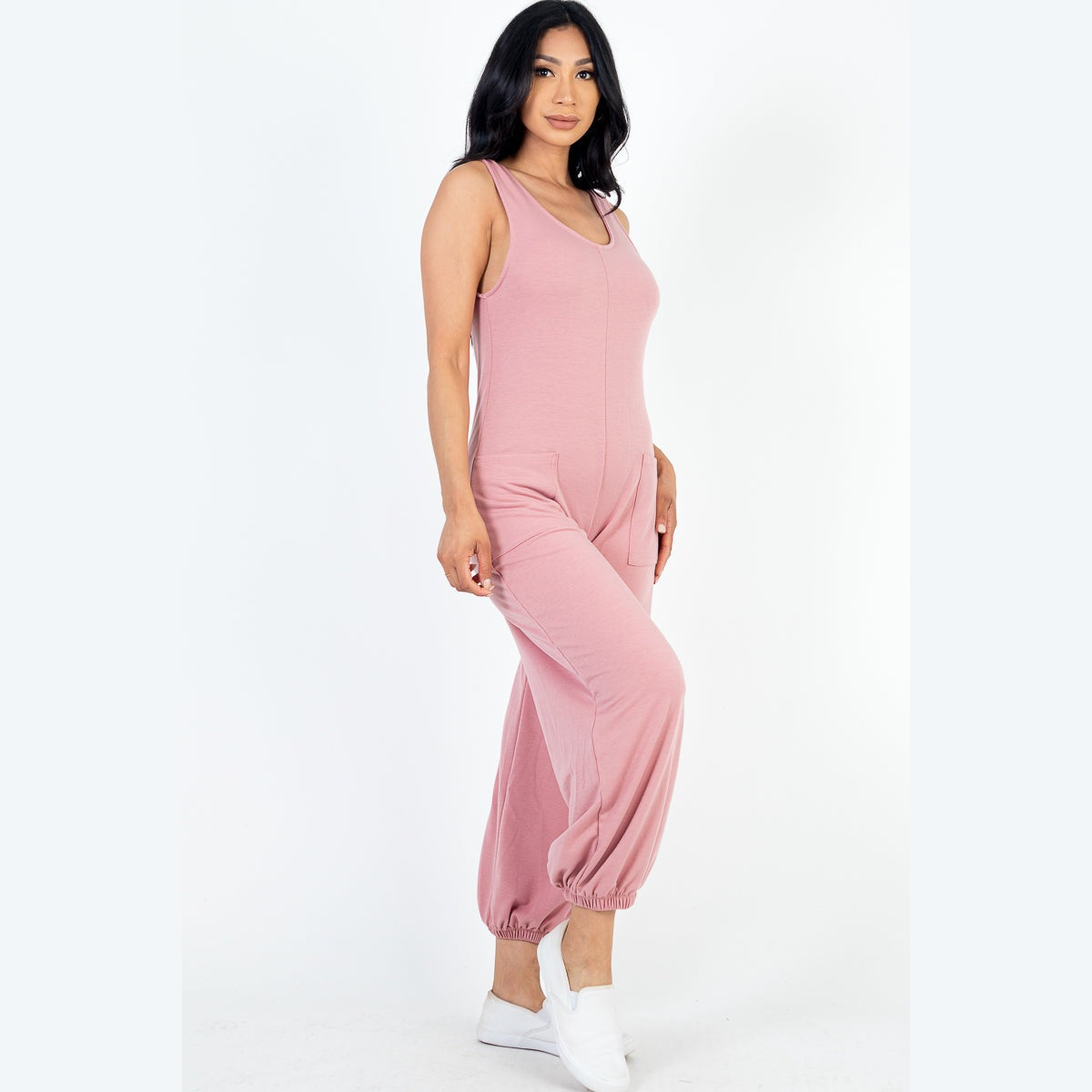 Casual Solid French Terry Sleeveless Scoop Neck Front Pocket Jumpsuit