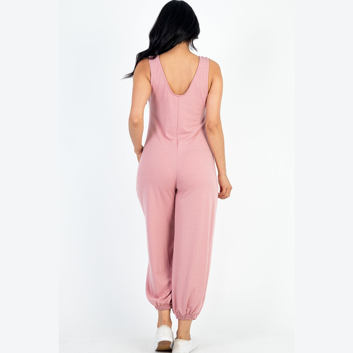 Casual Solid French Terry Sleeveless Scoop Neck Front Pocket Jumpsuit