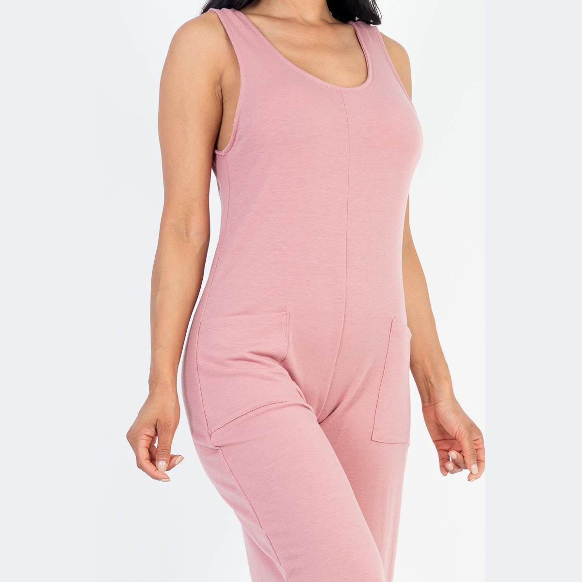 Casual Solid French Terry Sleeveless Scoop Neck Front Pocket Jumpsuit