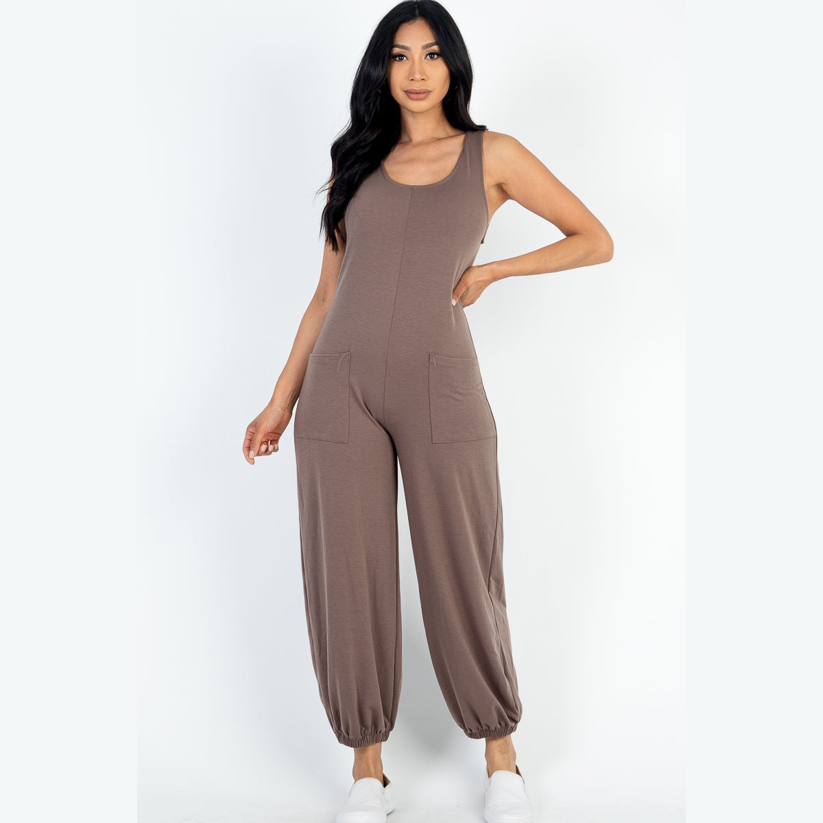 Casual Solid French Terry Sleeveless Scoop Neck Front Pocket Jumpsuit