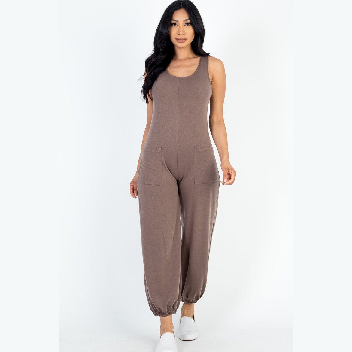 Casual Solid French Terry Sleeveless Scoop Neck Front Pocket Jumpsuit