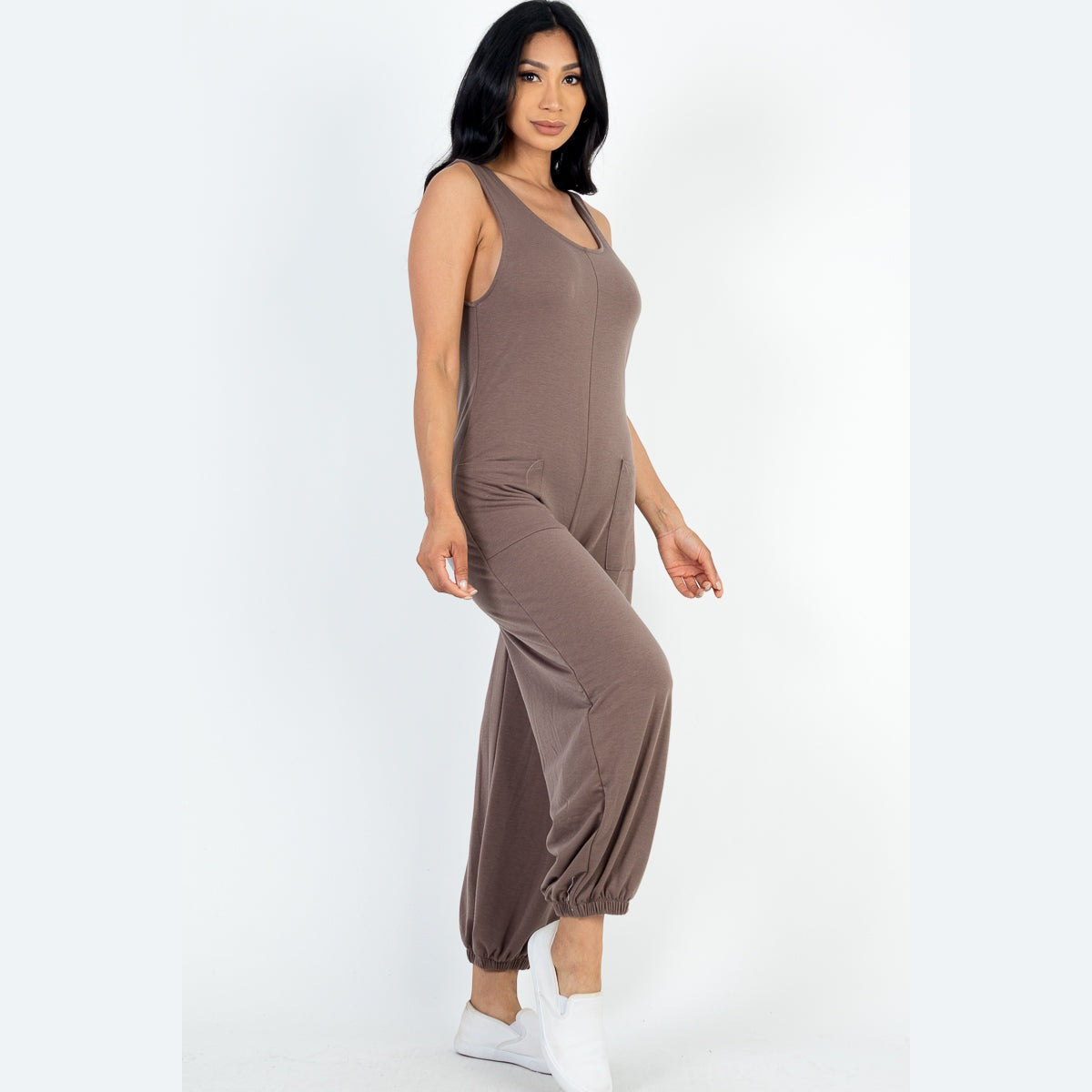 Casual Solid French Terry Sleeveless Scoop Neck Front Pocket Jumpsuit