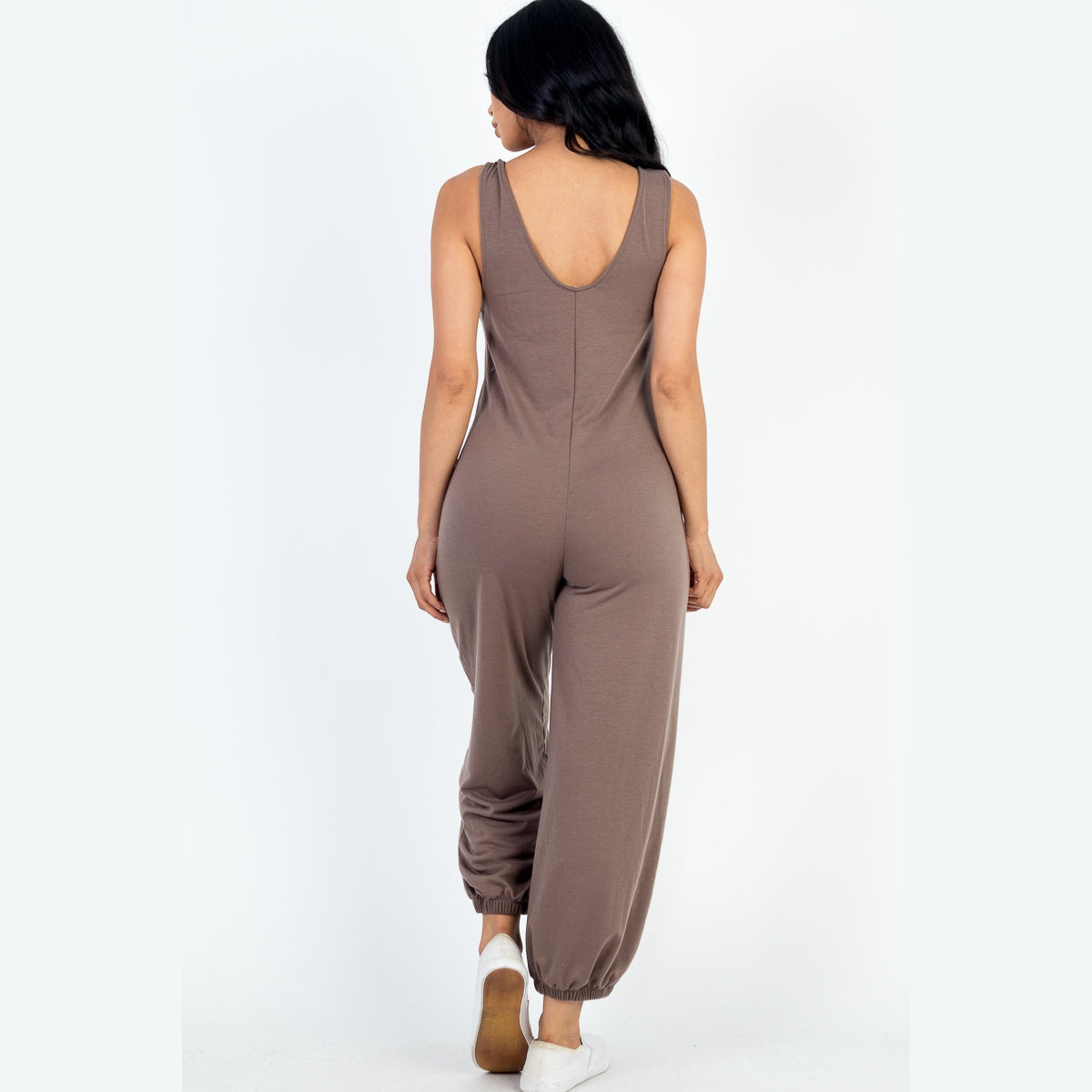 Casual Solid French Terry Sleeveless Scoop Neck Front Pocket Jumpsuit
