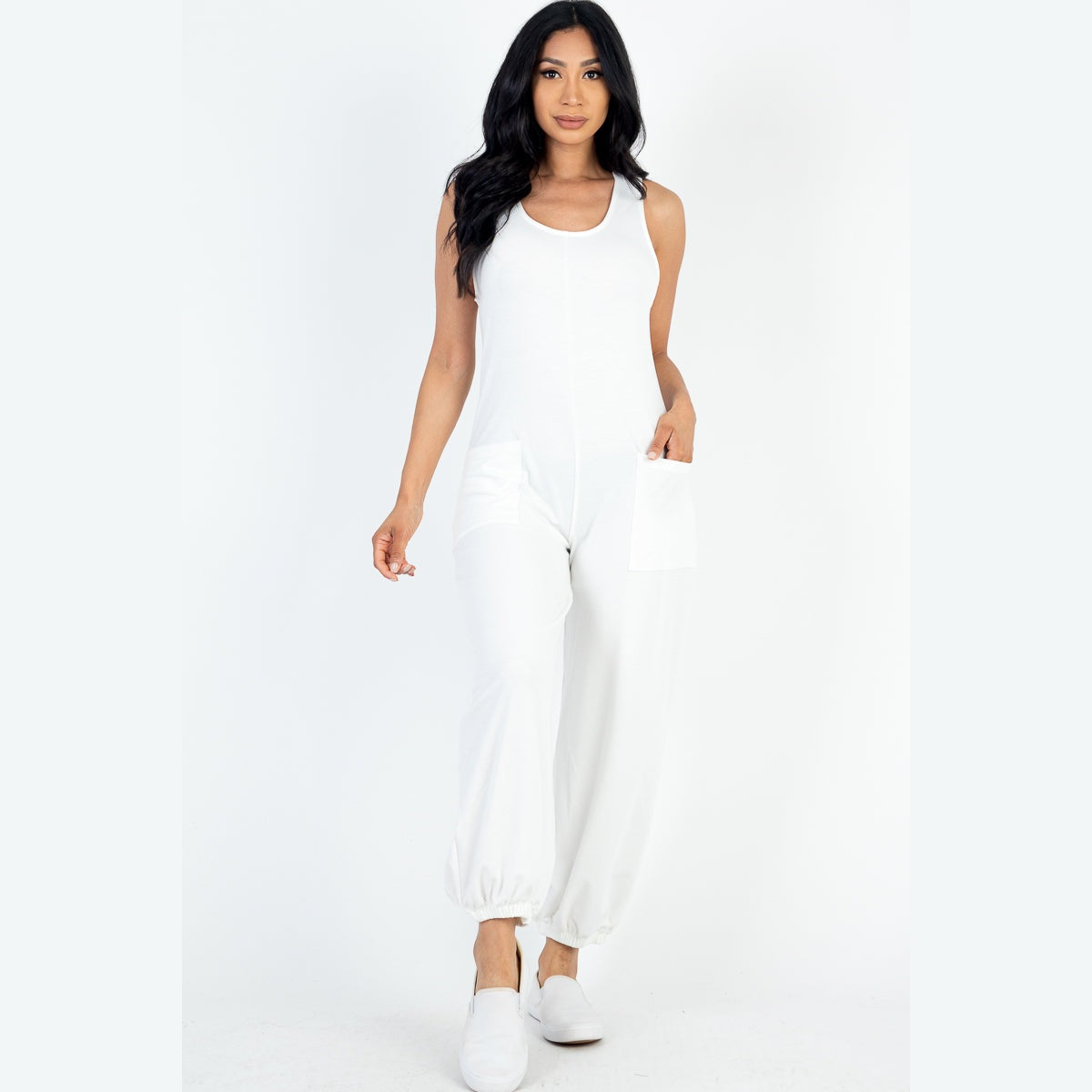 Casual Solid French Terry Sleeveless Scoop Neck Front Pocket Jumpsuit
