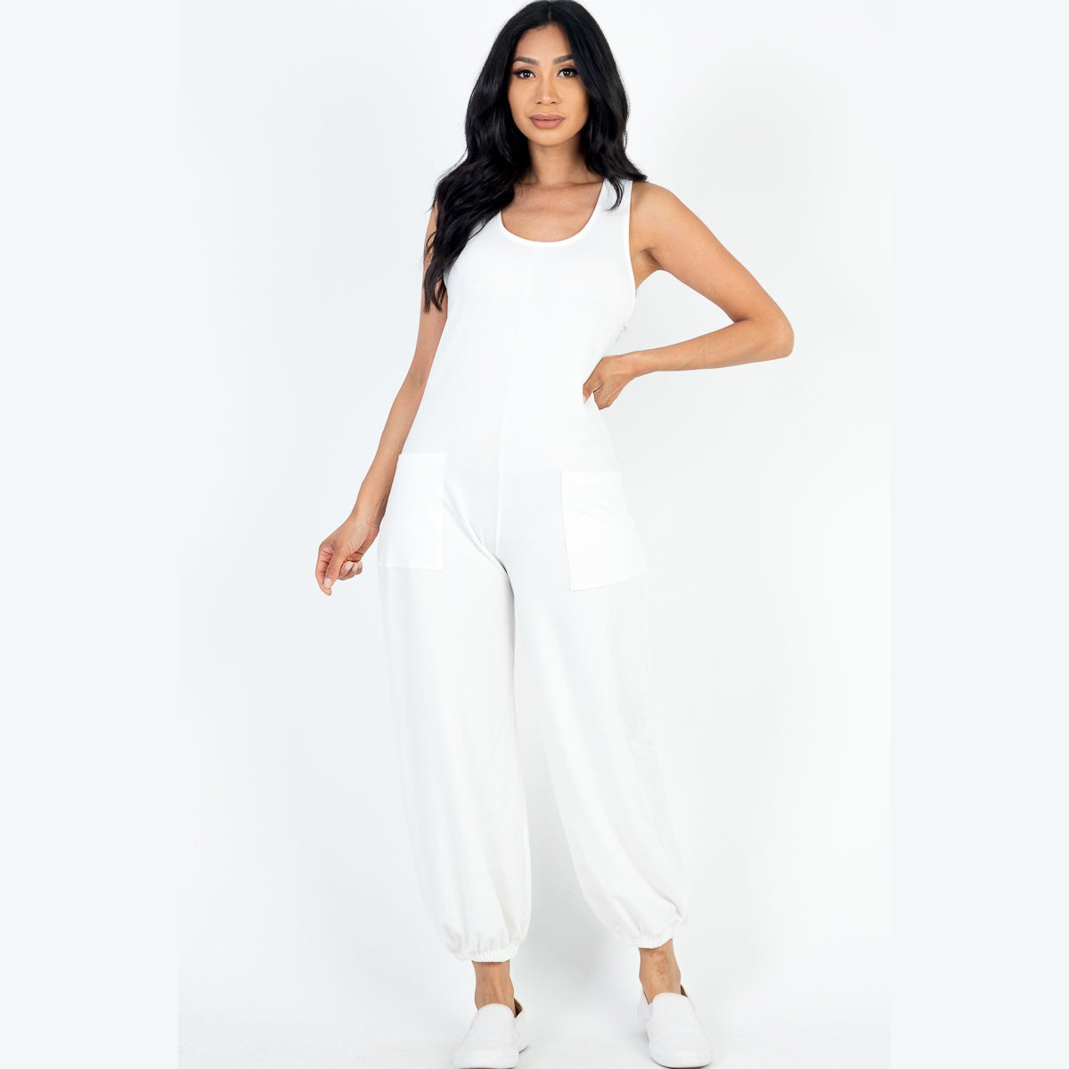 Casual Solid French Terry Sleeveless Scoop Neck Front Pocket Jumpsuit