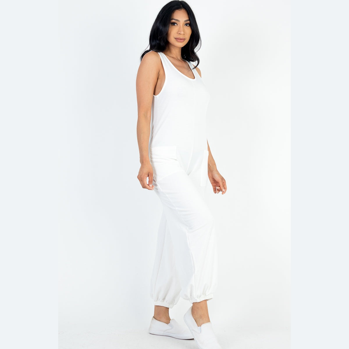 Casual Solid French Terry Sleeveless Scoop Neck Front Pocket Jumpsuit