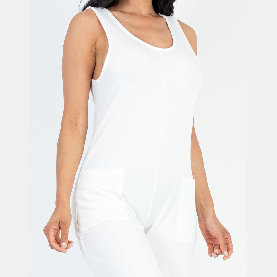 Casual Solid French Terry Sleeveless Scoop Neck Front Pocket Jumpsuit