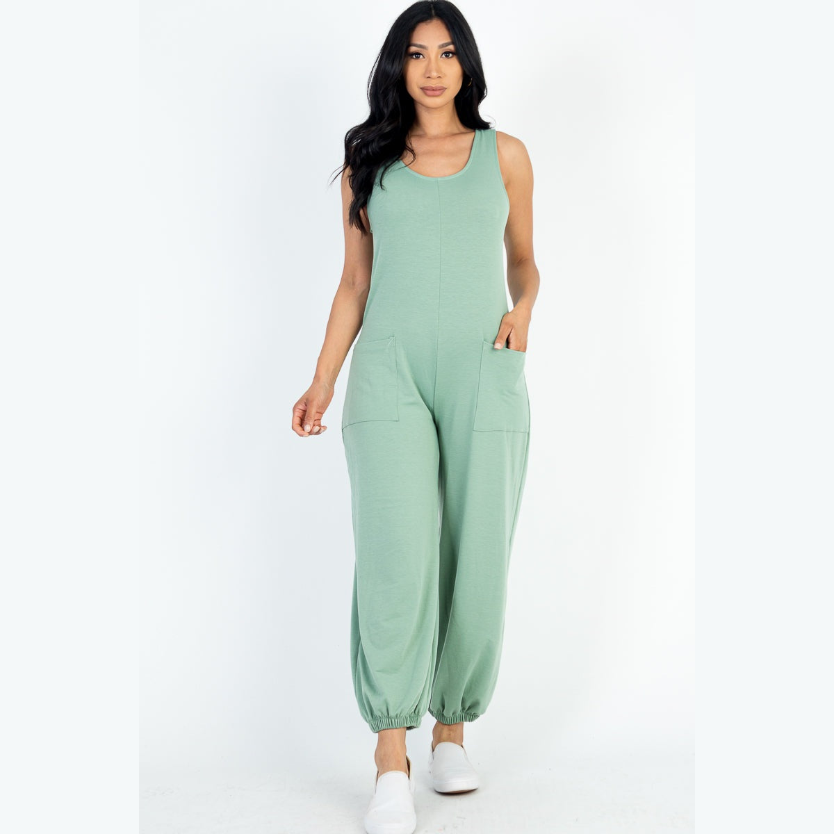 Casual Solid French Terry Sleeveless Scoop Neck Front Pocket Jumpsuit