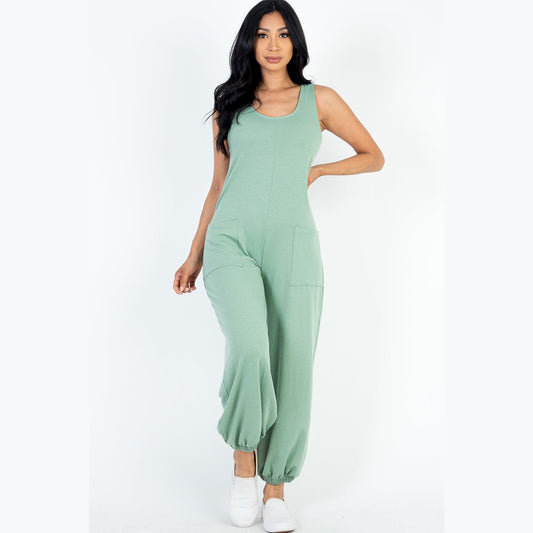 Casual Solid French Terry Sleeveless Scoop Neck Front Pocket Jumpsuit