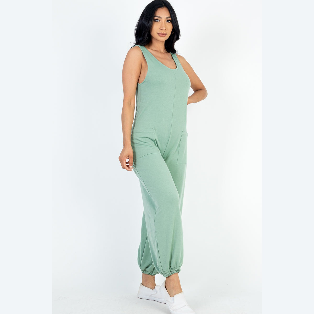 Casual Solid French Terry Sleeveless Scoop Neck Front Pocket Jumpsuit