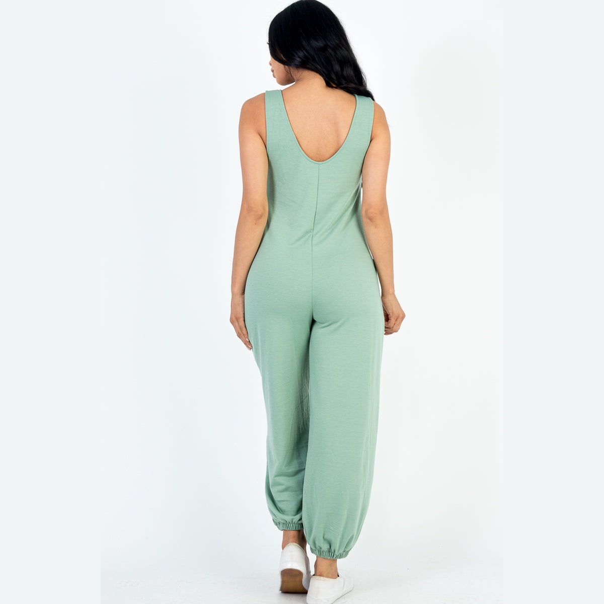 Casual Solid French Terry Sleeveless Scoop Neck Front Pocket Jumpsuit